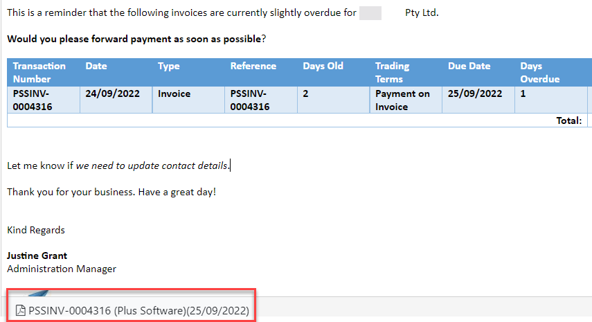 Overdue invoice email with copy attachment